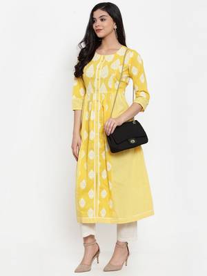 Yellow printed cotton kurtas-and-kurtis 3