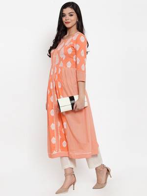 Peach printed cotton kurtas-and-kurtis 3