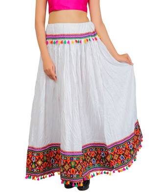 Kutchi Embroidered Border Rayon Skirt/Chaniya - KutchiSkirt-White 1