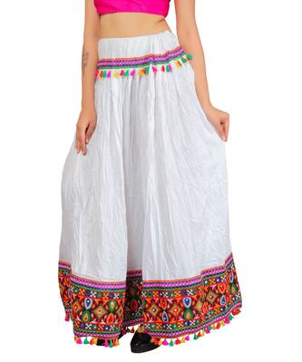 Kutchi Embroidered Border Rayon Skirt/Chaniya - KutchiSkirt-White 2