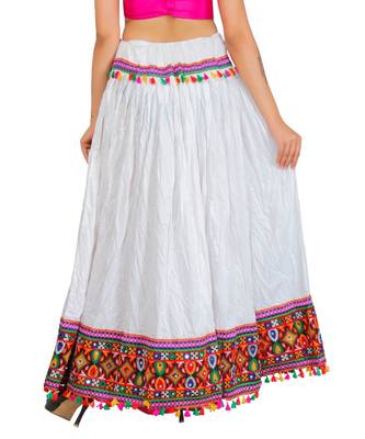 Kutchi Embroidered Border Rayon Skirt/Chaniya - KutchiSkirt-White 3