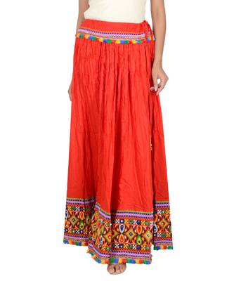 Red Kutchi Embroidered Border Rayon Skirt Chaniya 1