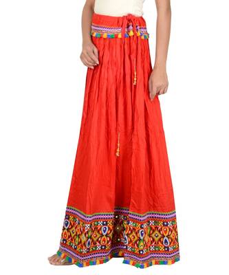 Red Kutchi Embroidered Border Rayon Skirt Chaniya 2