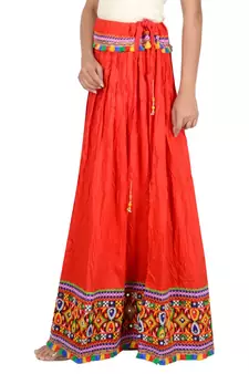 Kutchi Embroidered Border Rayon Skirt/Chaniya - KutchiSkirt-Red