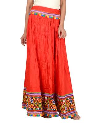 Red Kutchi Embroidered Border Rayon Skirt Chaniya 5
