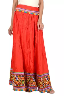 Kutchi Embroidered Border Rayon Skirt/Chaniya - KutchiSkirt-Red
