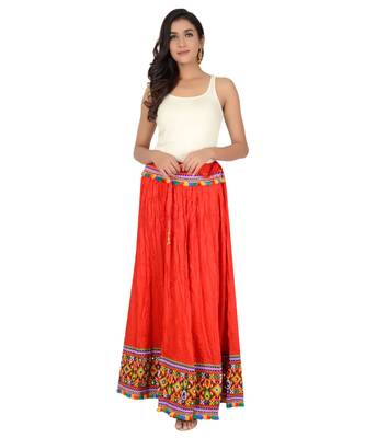 Red Kutchi Embroidered Border Rayon Skirt Chaniya 6