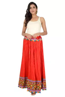 Kutchi Embroidered Border Rayon Skirt/Chaniya - KutchiSkirt-Red