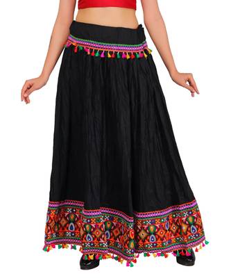 Kutchi Embroidered Border Rayon Skirt/Chaniya - KutchiSkirt-Black 1