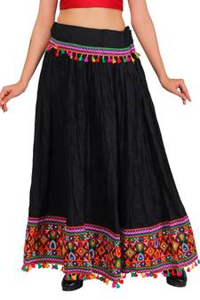 Kutchi Embroidered Border Rayon Skirt/Chaniya - KutchiSkirt-Black