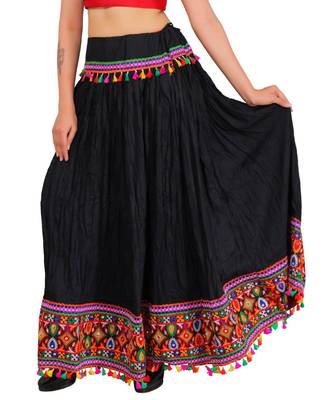 Kutchi Embroidered Border Rayon Skirt/Chaniya - KutchiSkirt-Black 2
