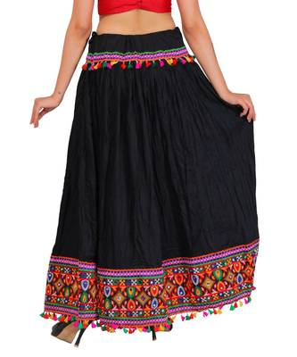 Kutchi Embroidered Border Rayon Skirt/Chaniya - KutchiSkirt-Black 3