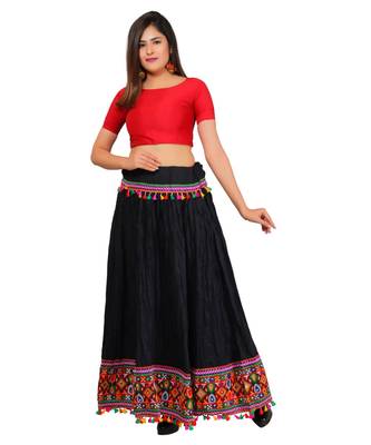 Kutchi Embroidered Border Rayon Skirt/Chaniya - KutchiSkirt-Black 4