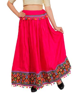 Kutchi Embroidered Border Rayon Skirt/Chaniya - KutchiSkirt-Pink 1