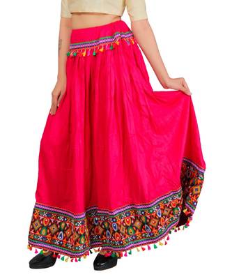 Kutchi Embroidered Border Rayon Skirt/Chaniya - KutchiSkirt-Pink 2