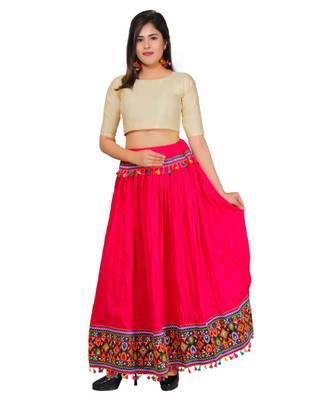 Kutchi Embroidered Border Rayon Skirt/Chaniya - KutchiSkirt-Pink 4