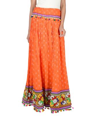 Bandhani Print & Kutchi Embroidered Border Rayon Skirt/Chaniya - BandhaniSkirt-Orange 1
