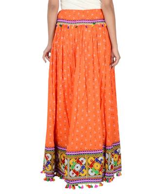 Bandhani Print & Kutchi Embroidered Border Rayon Skirt/Chaniya - BandhaniSkirt-Orange 2