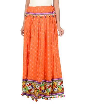 Bandhani Print & Kutchi Embroidered Border Rayon Skirt/Chaniya - BandhaniSkirt-Orange 3