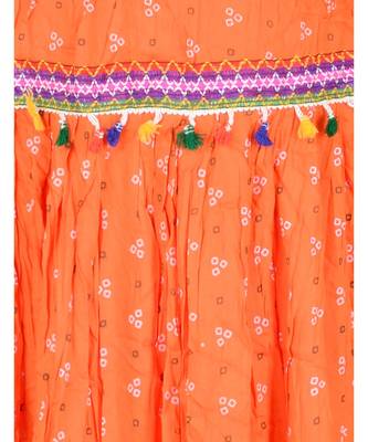Bandhani Print & Kutchi Embroidered Border Rayon Skirt/Chaniya - BandhaniSkirt-Orange 4