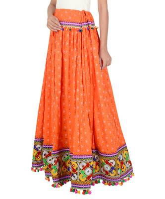 Bandhani Print & Kutchi Embroidered Border Rayon Skirt/Chaniya - BandhaniSkirt-Orange 5