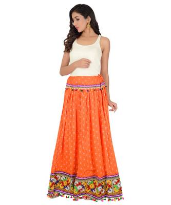 Bandhani Print & Kutchi Embroidered Border Rayon Skirt/Chaniya - BandhaniSkirt-Orange 6