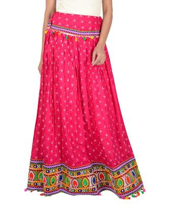 Bandhani Print & Kutchi Embroidered Border Rayon Skirt/Chaniya - BandhaniSkirt-Pink 1