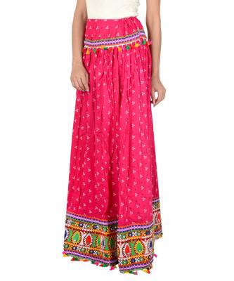 Bandhani Print & Kutchi Embroidered Border Rayon Skirt/Chaniya - BandhaniSkirt-Pink 2