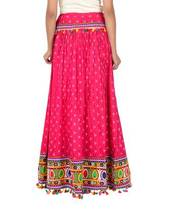 Bandhani Print & Kutchi Embroidered Border Rayon Skirt/Chaniya - BandhaniSkirt-Pink 3