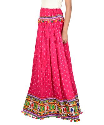 Bandhani Print & Kutchi Embroidered Border Rayon Skirt/Chaniya - BandhaniSkirt-Pink 5