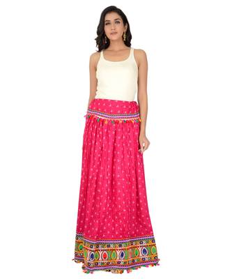Bandhani Print & Kutchi Embroidered Border Rayon Skirt/Chaniya - BandhaniSkirt-Pink 6