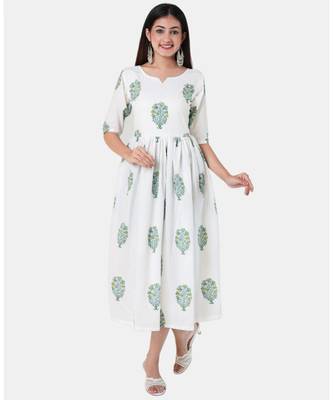 Buta Buti White Half Sleeve Cotton Hand Block Buta Print Womens Kurta 1