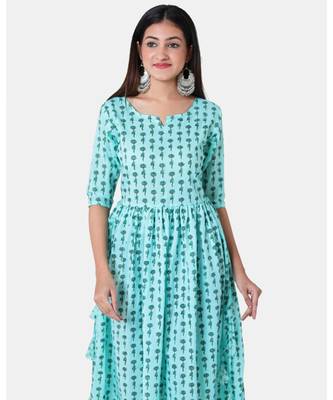 Buta Buti Blue Half Sleeve Cotton Hand Block Buti Print Womens Kurta 4