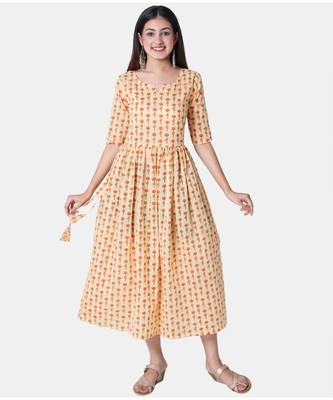 Buta Buti Yellow Half Sleeve Cotton Hand Block Buti Print Womens Kurta 1