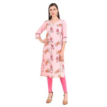 SWAGG INDIA  Wear Lucknow Chikan Needlecraft Digital Printed Rayon Regular Wear Ligth Pink Kurti Kurta 1