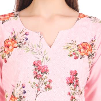 SWAGG INDIA  Wear Lucknow Chikan Needlecraft Digital Printed Rayon Regular Wear Ligth Pink Kurti Kurta 5