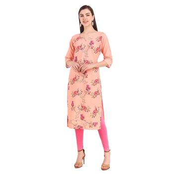SWAGG INDIA  Wear Lucknow Chikan Needlecraft Digital Printed Rayon Regular Wear Peach Kurti Kurta 1