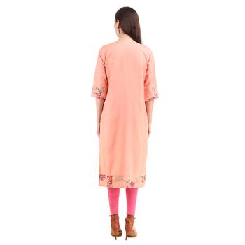 SWAGG INDIA  Wear Lucknow Chikan Needlecraft Digital Printed Rayon Regular Wear Peach Kurti Kurta 2