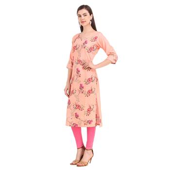 SWAGG INDIA  Wear Lucknow Chikan Needlecraft Digital Printed Rayon Regular Wear Peach Kurti Kurta 3
