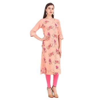 SWAGG INDIA  Wear Lucknow Chikan Needlecraft Digital Printed Rayon Regular Wear Peach Kurti Kurta 4
