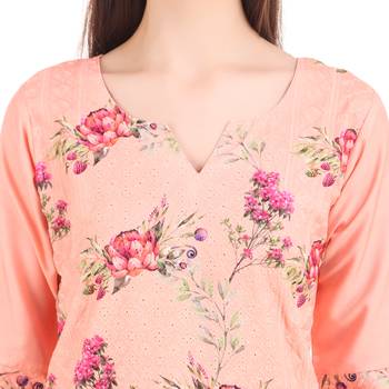 SWAGG INDIA  Wear Lucknow Chikan Needlecraft Digital Printed Rayon Regular Wear Peach Kurti Kurta 5