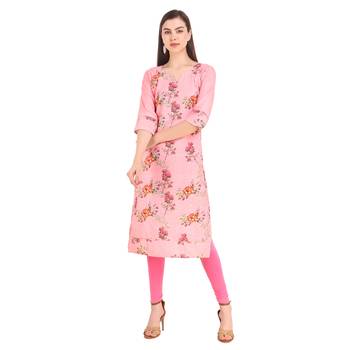 SWAGG INDIA  Wear Lucknow Chikan Needlecraft Digital Printed Rayon Regular Wear Pink Kurti Kurta 1