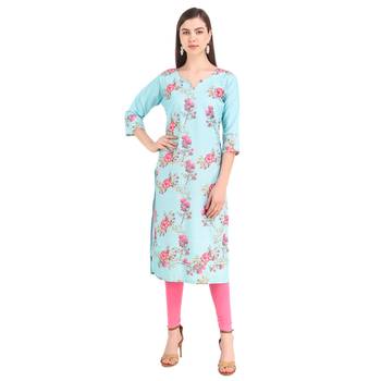 SWAGG INDIA  Wear Lucknow Chikan Needlecraft Digital Printed Rayon Regular Wear Sky Blue Kurti Kurta 1