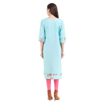 SWAGG INDIA  Wear Lucknow Chikan Needlecraft Digital Printed Rayon Regular Wear Sky Blue Kurti Kurta 2