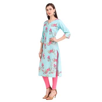 SWAGG INDIA  Wear Lucknow Chikan Needlecraft Digital Printed Rayon Regular Wear Sky Blue Kurti Kurta 3