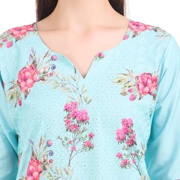 SWAGG INDIA  Wear Lucknow Chikan Needlecraft Digital Printed Rayon Regular Wear Sky Blue Kurti Kurta 5