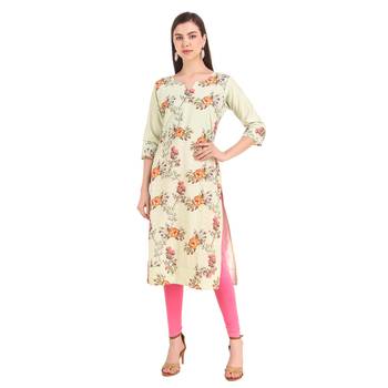 SWAGG INDIA  Wear Lucknow Chikan Needlecraft Digital Printed Rayon Regular Wear Olive Green Kurti Kurta 1