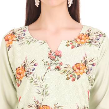 SWAGG INDIA  Wear Lucknow Chikan Needlecraft Digital Printed Rayon Regular Wear Olive Green Kurti Kurta 5