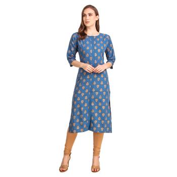 SWAGG INDIA Wear Crepe Foil Straight Cut Blue Kurta Kurti 1