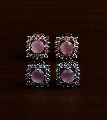 Rhodium and Rose Plated Pink Stone Embellished Two Pairs of American Diamons Studs 216ED431 1